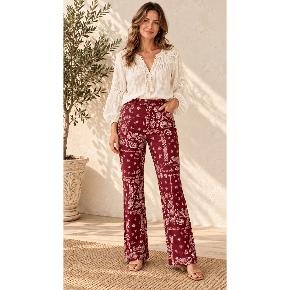 Burgundy Paisley Bandana Print High Waisted Wide Leg Pants XL Boho Western